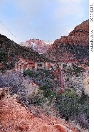 Zion National Park with red rocks, road and snow 10454128