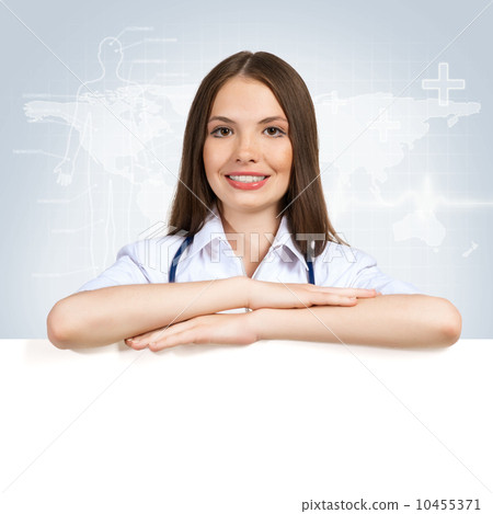 young woman doctor with a blank banner 10455371