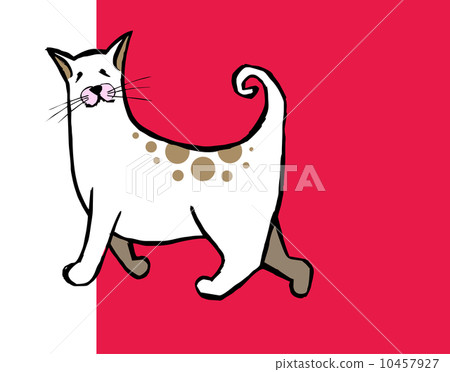 Cute cat with curly tail on red and white background 10457927