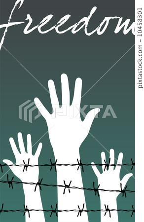 hands behind a barbed wire prison with the word Freedom hands behind a barbed wire prison with the word Freedom 10458301