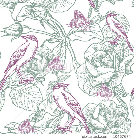 Seamless background with roses and birds - Stock Illustration [10467674 ...
