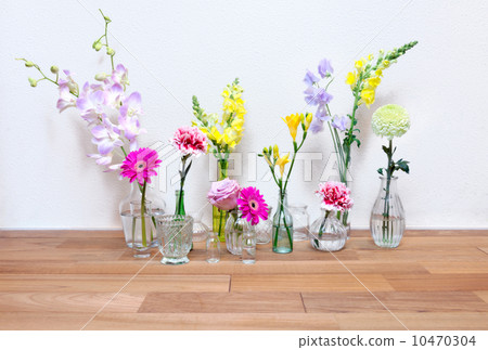 Lots of flowers with sunshine, white walls and solid wood floors 10470304