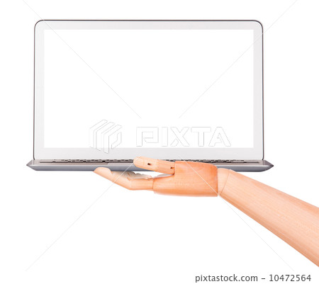 laptop with wooden hand isolated laptop with wooden hand isolated 10472564