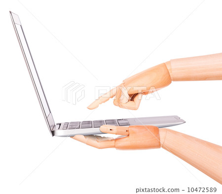 laptop with wooden hand isolated 10472589