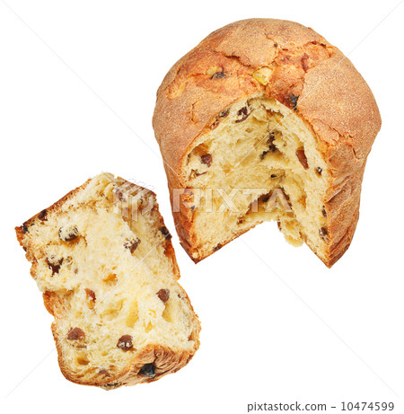 above view Easter cake and slice isolated 10474599