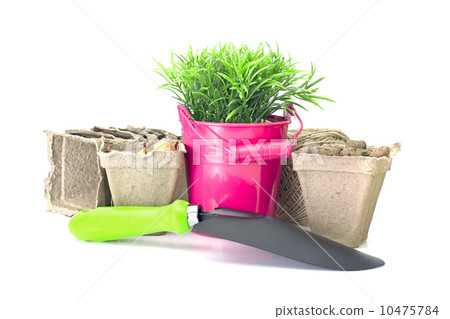 Planting Flowers. Bucket, Shovel, Seeds, Dlay Isolated on White 10475784