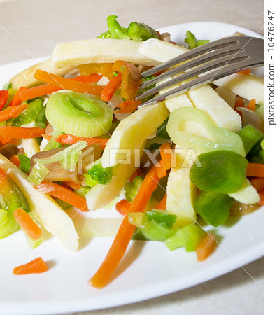 Steamed vegetables: potatoes, carrots, onions, mushrooms Steamed vegetables: potatoes, carrots, onions, mushrooms 10476247