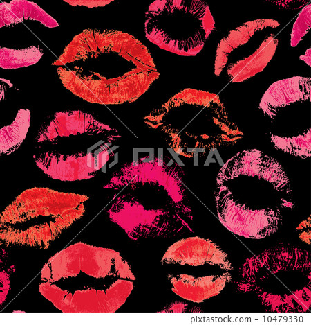 Seamless pattern with beautiful red lips prints on black backgro 10479330