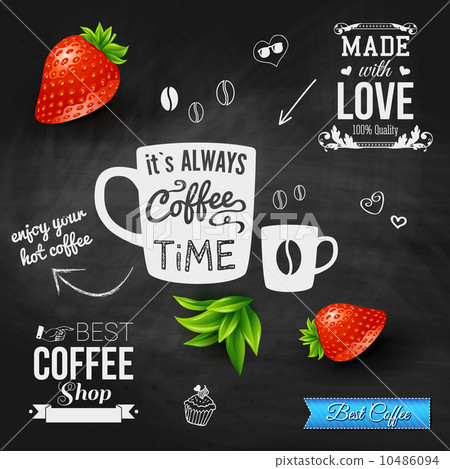 It is coffee time. Chalkboard background, realistic strawberries 10486094