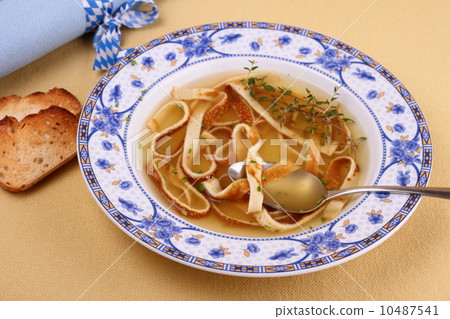 Pancake soup in blue plate, eating 10487541