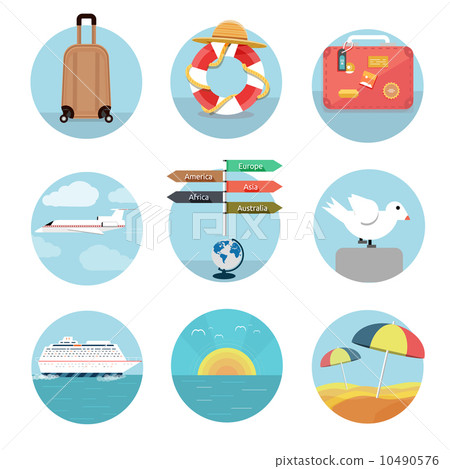 Icons set of traveling and planning a summer vacation Icons set of traveling and planning a summer vacation 10490576