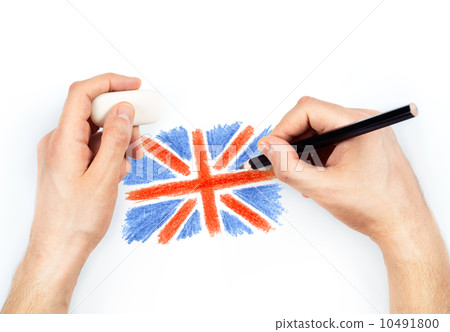 Man's hands with pencil draws flag of United Kingdom of Great Br Man's hands with pencil draws flag of United Kingdom of Great Br 10491800