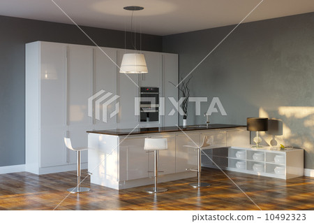 Luxury Hi-Tech Kitchen With Grey Walls And Bar 10492323