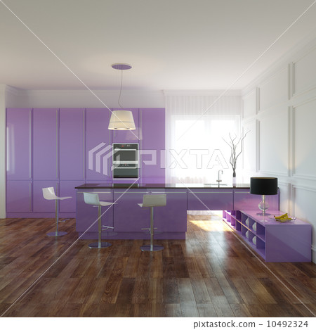Violet Kitchen in New Interior with Wooden Floor and White Walls 10492324