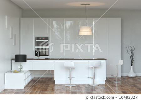 White Luxury Hi-Tech Kitchen With Bar  10492327