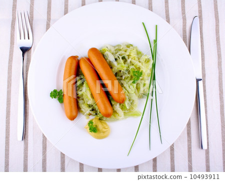 Mini wieners on fried cabbage with mustard Mini wieners on fried cabbage with mustard 10493911