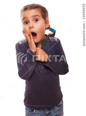 teen scared girl child opened her mouth feels fear and horror is 10494950