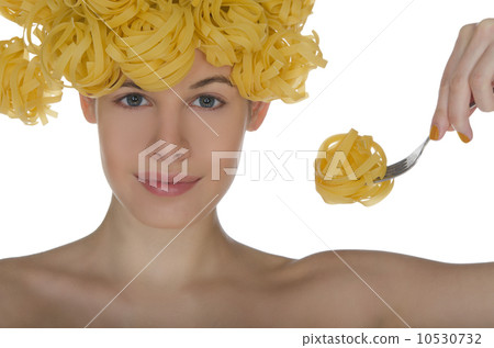 woman with spaghetti on the head and plug woman with spaghetti on the head and plug 10530732