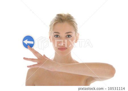 Young woman holds sign with an arrow Young woman holds sign with an arrow 10531114