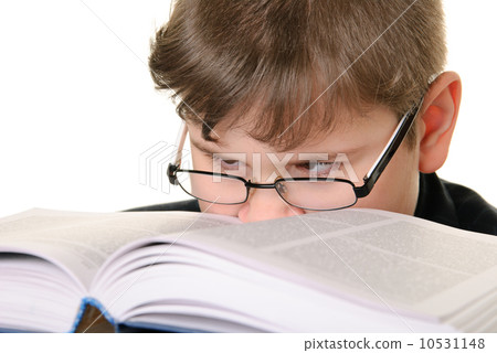 Boy wearing spectacles attentively reads book Boy wearing spectacles attentively reads book 10531148