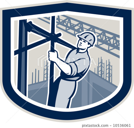 Construction Worker Climbing Scaffolding Shield Retro 10536061