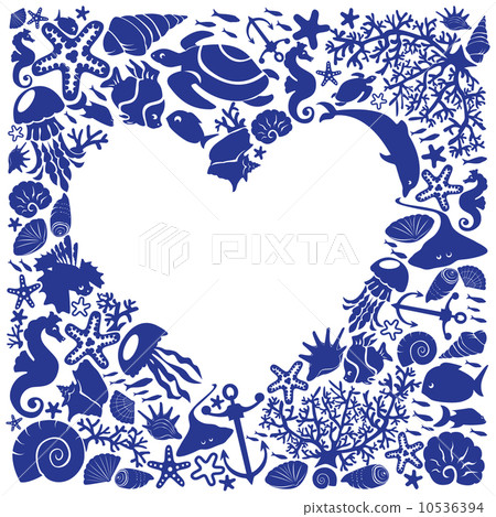 White background heart is surrounded of fishes, dolphins, shells 10536394