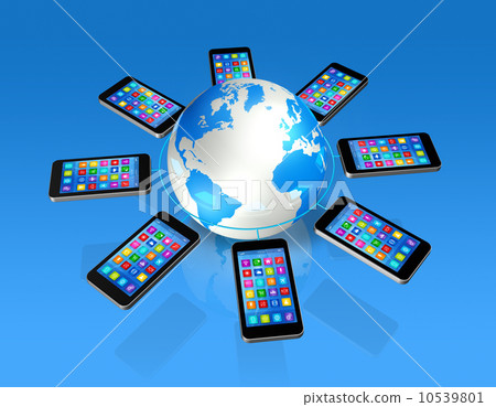 Smartphones Around World Globe, Global Communication 10539801
