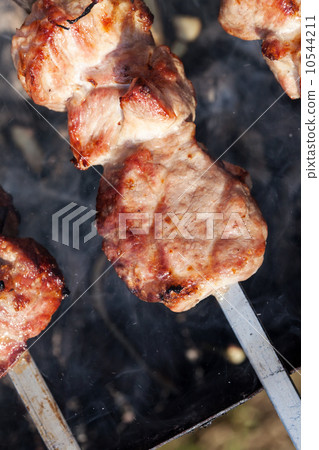 two skewers of meat on the coals 10544211