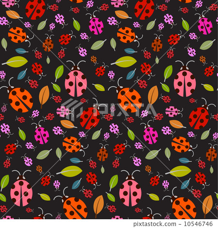 Seamless Pattern with Ladybirds and Leaves on Black Background 10546746