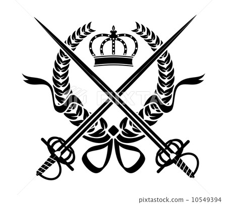 Heraldic design with a wreath, swords and crown Heraldic design with a wreath, swords and crown 10549394