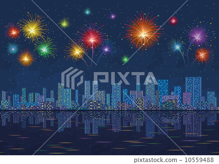 Night city landscape with fireworks, seamless Night city landscape with fireworks, seamless 10559488