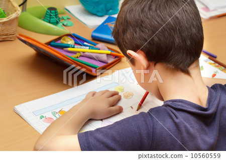 boy doing homework  with color pencil, painting fruits 10560559