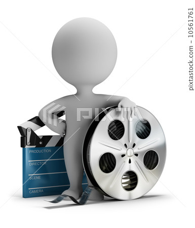 3d small people - cinema clapper and film tape 10561761