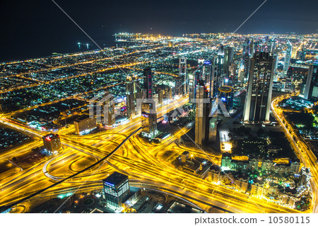 Dubai downtown night scene with city lights, Dubai downtown night scene with city lights, 10580115