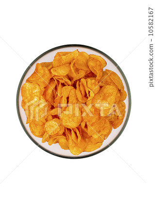 a bowl of potato chips, isolated on white 10582167