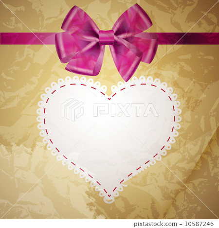 beige vintage heart frame with glossy red bow 10587246