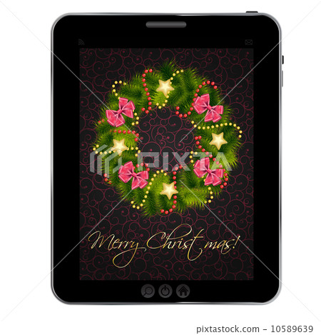 Realistic christmas wreath on vintage background at tablet. vec Realistic christmas wreath on vintage background at tablet. vec 10589639