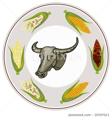 Round Label of A Buffalo with Fresh Corn 10597021
