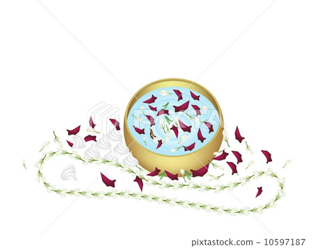 Water with Flower Corolla in Golden Bowl for Songkran Festival 10597187
