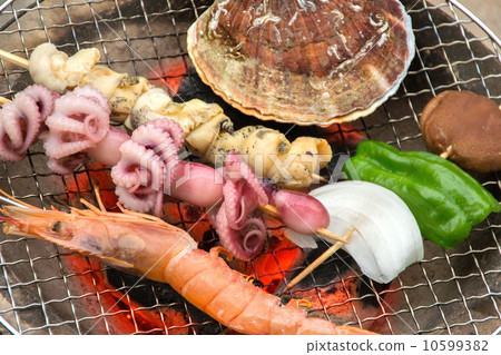 Seafood barbecue grilled on a shichirin 10599382