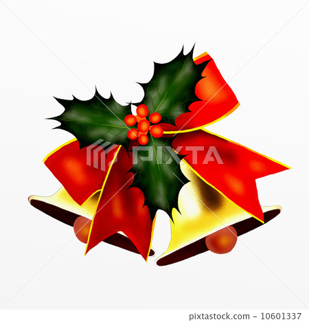 Two Golden Bells and Red Bow with Christmas Holly - Stock Illustration ...