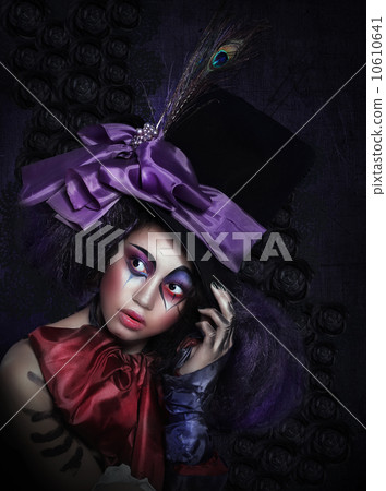 Expression. Pantomime. Clown in Fancy Carnival Hat with Artistic Makeup Expression. Pantomime. Clown in Fancy Carnival Hat with Artistic Makeup 10610641