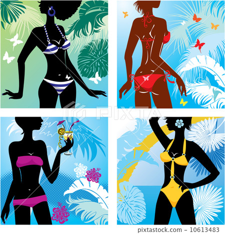 Set of Woman silhouettes in bikini and monokini swimwear at trop Set of Woman silhouettes in bikini and monokini swimwear at trop 10613483