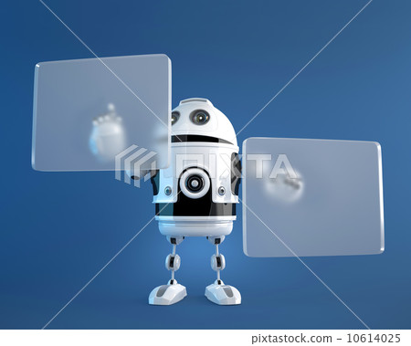 Robot pushing a button on digital vurtual screen Robot pushing a button on digital vurtual screen 10614025