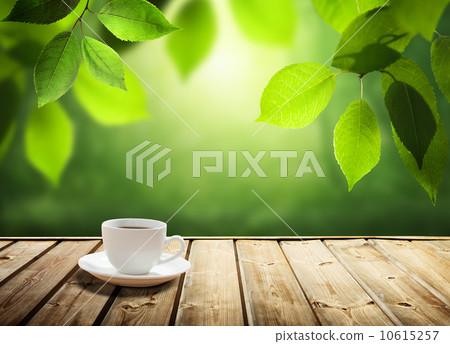 cup coffee and sunny trees background 10615257