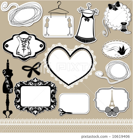 Set of frames, symbols, tools and accessories for sewing studio 10619406