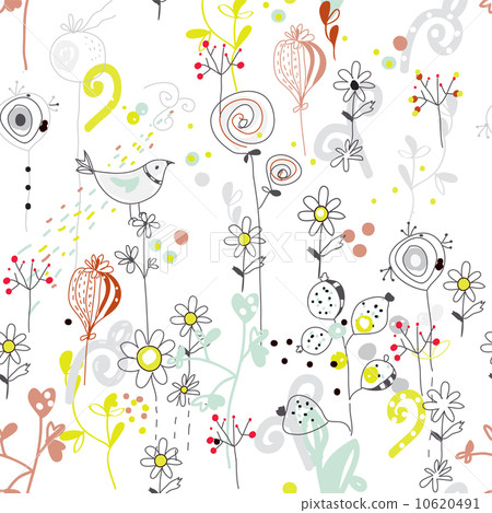 Floral seamless pattern with bird sketch 10620491