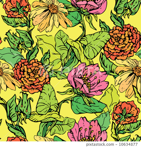Floral Seamless Pattern with hand drawn flowers... - Stock Illustration ...