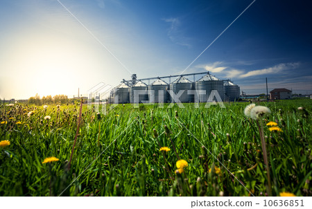 photo of grain elevators in meadow at sunset photo of grain elevators in meadow at sunset 10636851