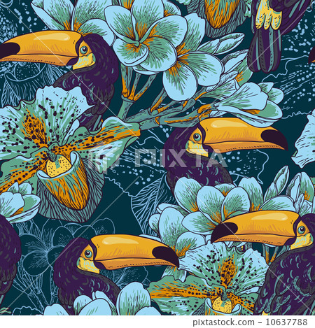 Tropical seamless parrern with flowers and Toucan Tropical seamless parrern with flowers and Toucan 10637788